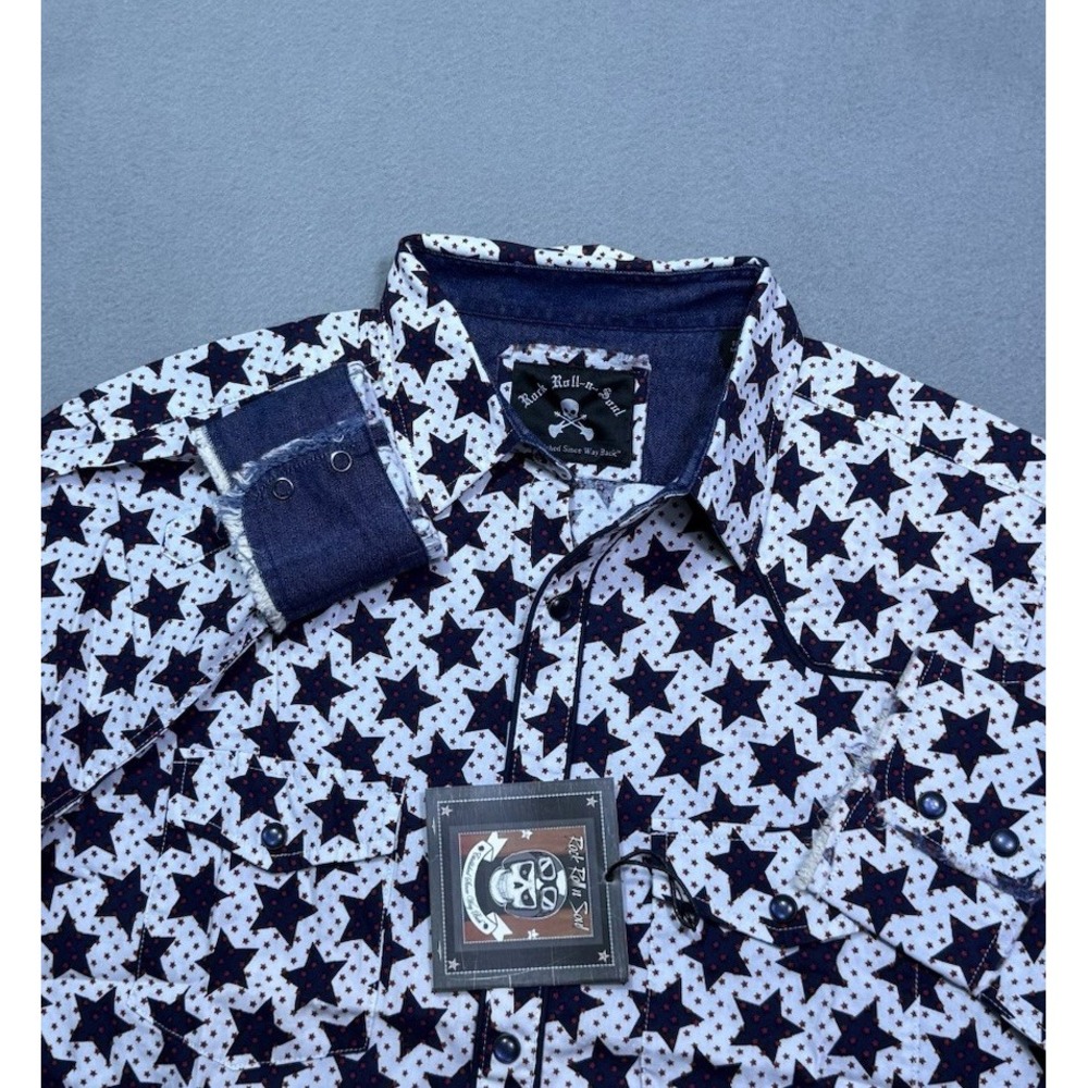 Rock Roll N Soul Shirt Mens L Black Start AOP Pearl Snap Western Rodeo NEW